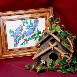 Original Signed& Framed Bluejays and Rustic House
